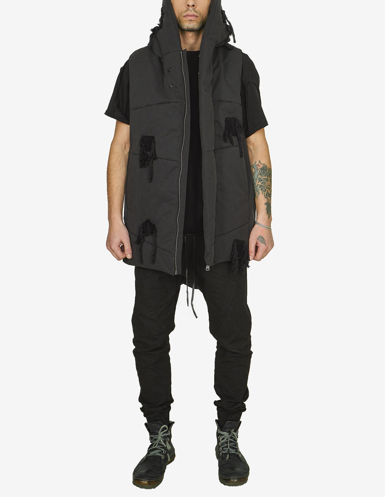 Raw-Cut Patched Hooded Vest