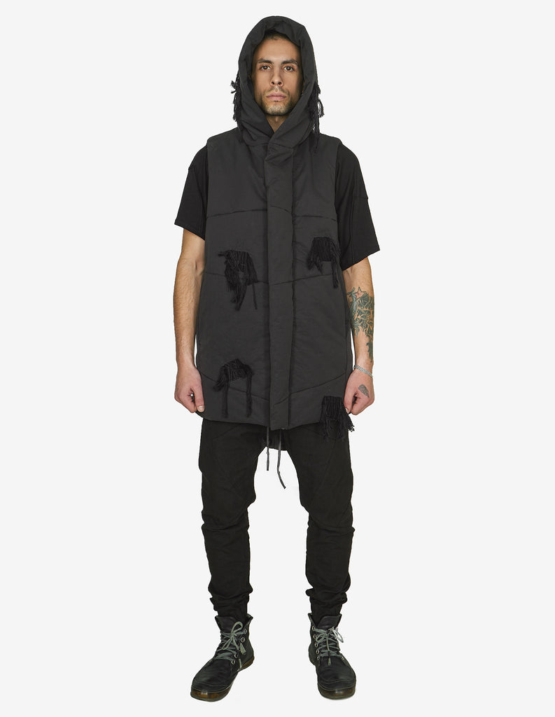 Raw-Cut Patched Hooded Vest