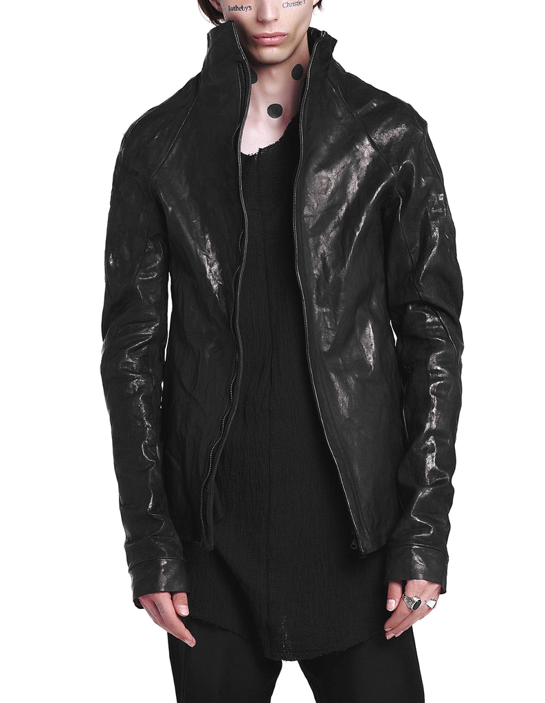 Funnel Neck Textured Leather Jacket