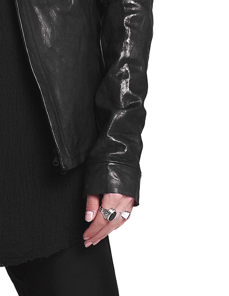 Funnel Neck Textured Leather Jacket